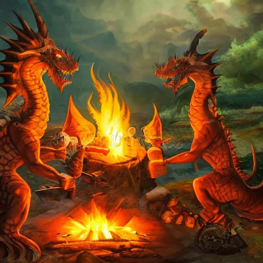 Image similar to dragons roasting kebabs near campfire, fire, magic, power metal album cover, fantasy epic legends game icon stylized digital illustration radiating a glowing aura global illumination ray tracing hdr fanart arstation by ian pesty and katarzyna da „ bek - chmiel