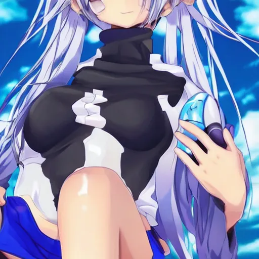 Image similar to an anime girl, holding a giant blue hammer with the logo of a black heart, and the anime girl has blue hair, white and black t - shirt, blue short - pants and she's barefoot without slippers and socks