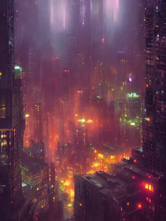 Prompt: photo of 8k ultra realistic city skyline, night, neon, heavy rain, full of colour, cinematic lighting, battered, trending on artstation, 4k, hyperrealistic, focused, extreme details,unreal engine 5, cinematic, masterpiece, art by Peter Mohrbacher
