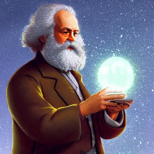 Prompt: Karl Marx pondering his Orb by Makoto Shinkai and Thomas Kinkade, fantasy matte painting,trending on cgsociety and unreal engine，light effect，highly detailed