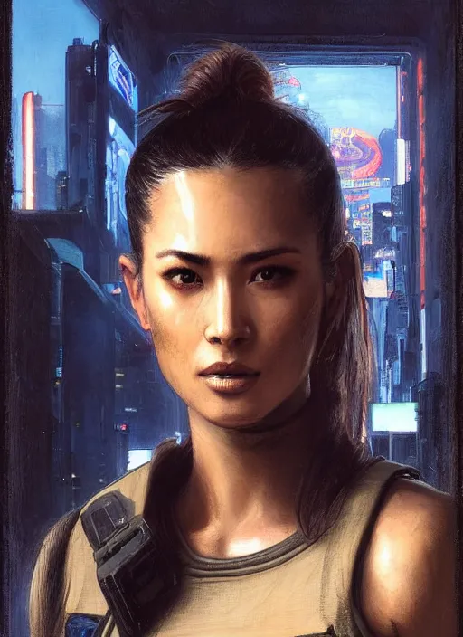 Prompt: Nikki tanaka. beautiful cyberpunk female USN marine wearing a military vest and activewear. (Cyberpunk 2077, bladerunner 2049). gorgeous face. Iranian orientalist portrait by john william waterhouse and Edwin Longsden Long and Theodore Ralli and Nasreddine Dinet, oil on canvas. Cinematic, hyper realism, realistic proportions, dramatic lighting, high detail 4k