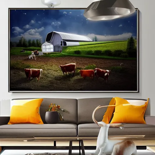 Prompt: interior view of modern futuristic farm barn architecture and interior design, cows laying down on sofas, pigs and chickens sitting in lounge chairs, wall art, detailed luminescent oil painting 4 k