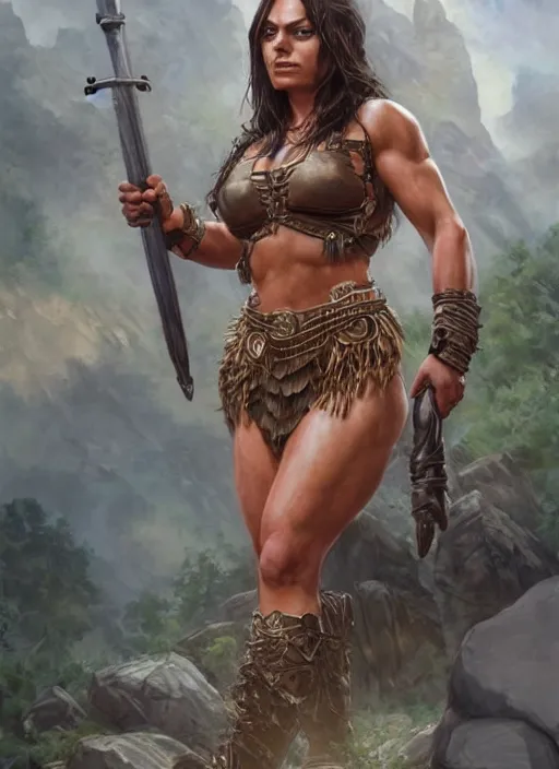 Image similar to Mila Kunis as a very muscled rugged looking Amazon, intricate, elegant, highly detailed, centered, digital painting, artstation, concept art, smooth, sharp focus, illustration, art by artgerm and donato giancola and Joseph Christian Leyendecker, WLOP