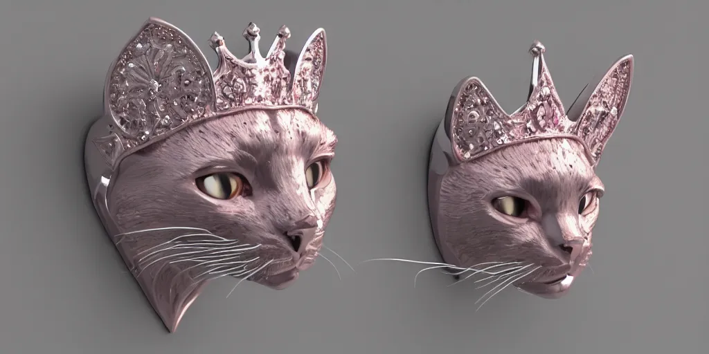 Image similar to made from steel crown is engraved with a single cat face, thin crown, pink color, luxury style, 4 k, realistic render, ultra - detailed, ultra detail