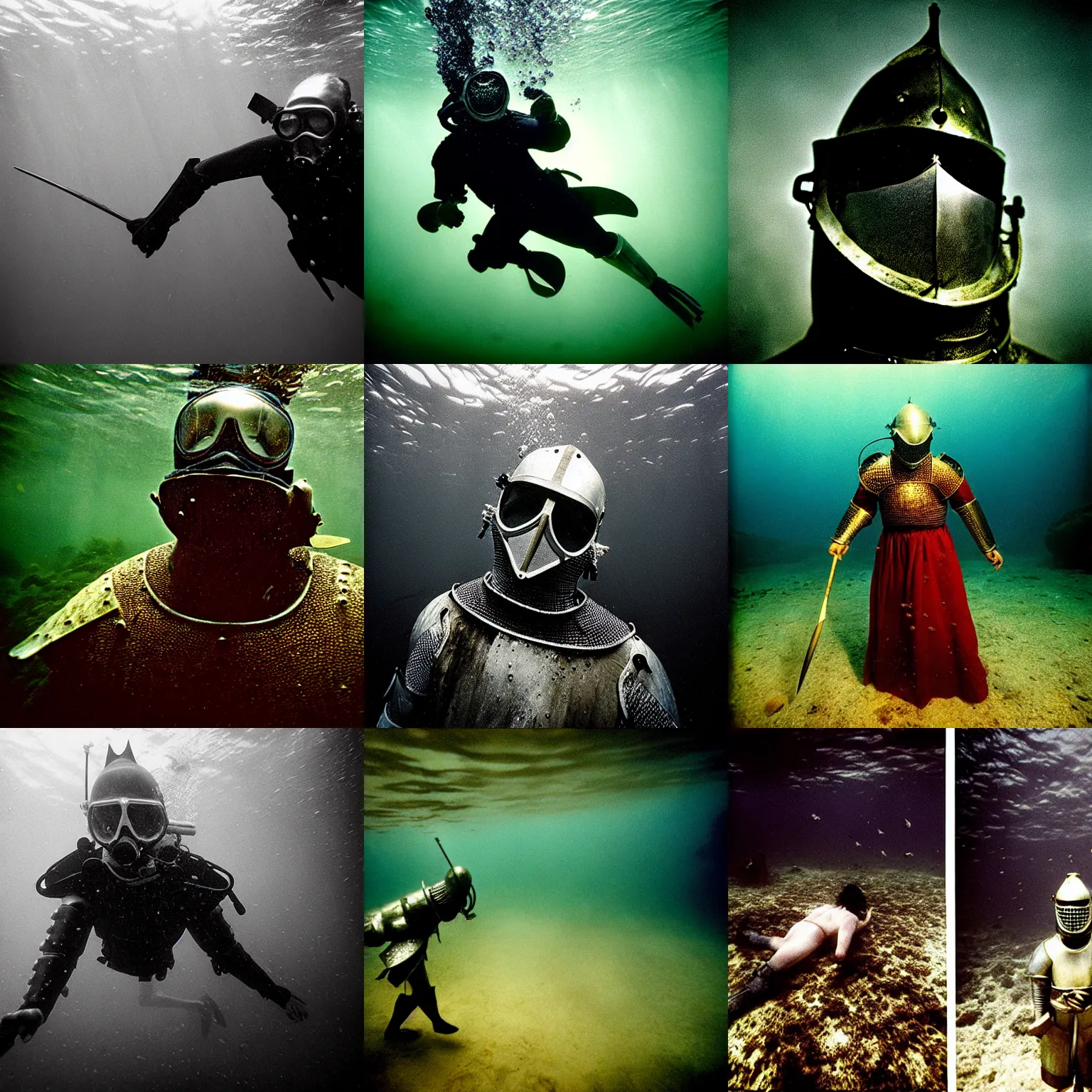 Image similar to Underwater photo of a beautiful medieval knight by Trent Parke, close up, clean, detailed, Magnum photos