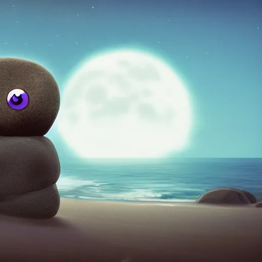 Image similar to A rock with googly eyes, the rock is chilling on the beach, palm trees swaying in the wind, the moon rising on the horizon, stars glistening in the night, hyperdetailed, artstation, cgsociety, 8k