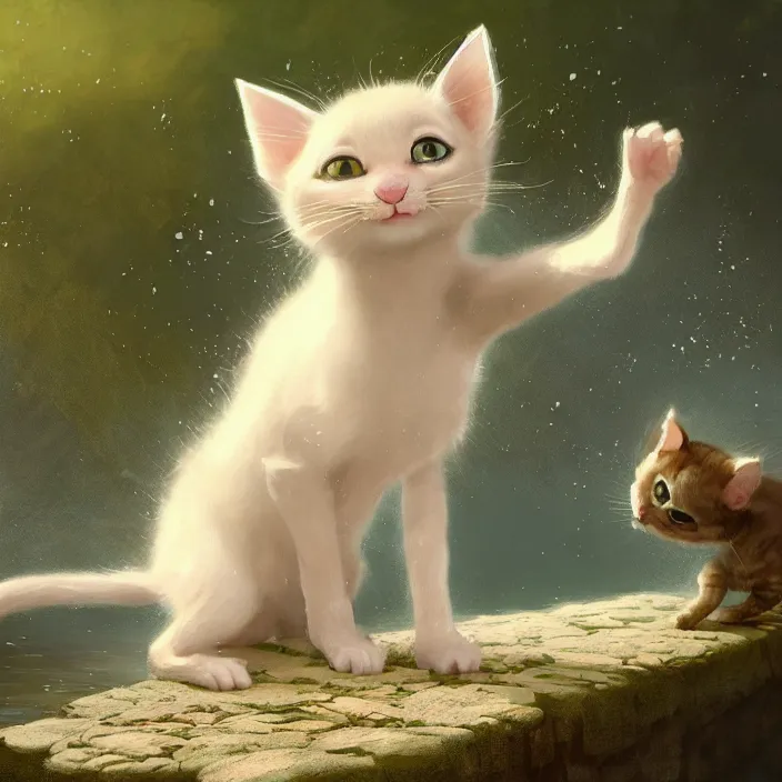 Image similar to a painting of a cute light beige kitten at a river. dark brown ears and face and legs and tail. white paws. character design by cory loftis, fenghua zhong, ryohei hase, ismail inceoglu and ruan jia. volumetric light, detailed, rendered in octane