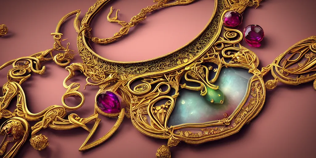 Prompt: highly detailed oil painting, centered in image, art nouveau, ornate, delicate, brilliant magical gemstones choker, around a neck, octane render, realistic, dramatic light,