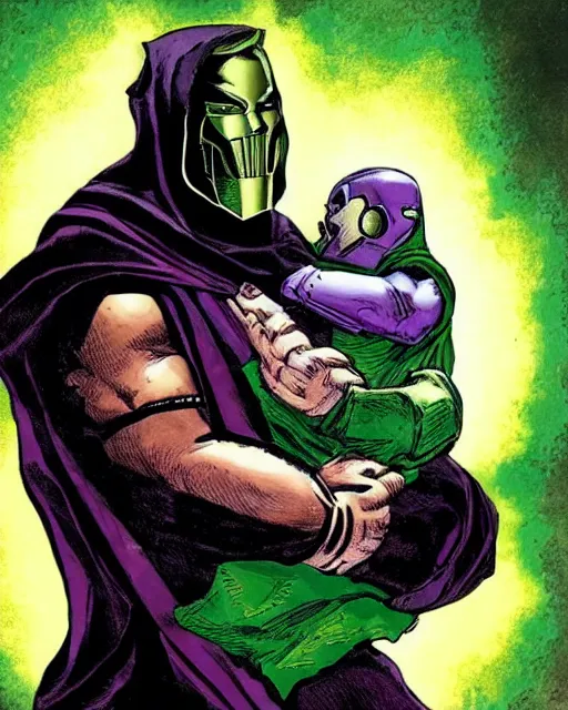 Image similar to Doctor Doom, in full armor, cradling an infant Thanos, photorealistic, beautiful, family,