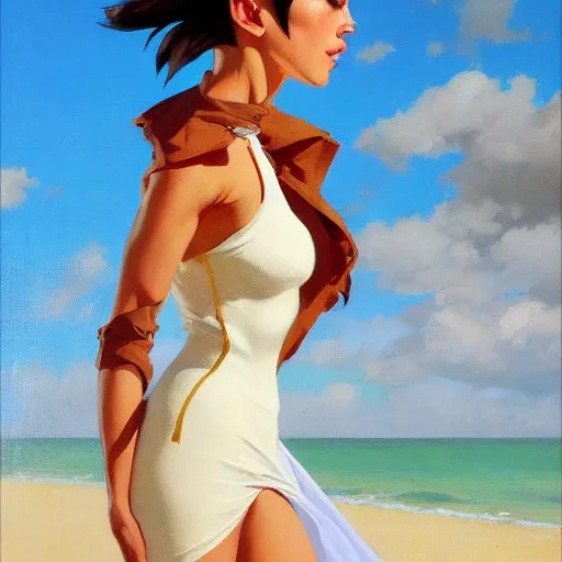 Image similar to greg manchess painting of tracer wearing a skintight dress in a beach, medium shot, organic painting, sunny day, bold shapes, hard edges, street art, trending on artstation, by huang guangjian and gil elvgren and sachin teng and artgerm and greg rutkowski and alphonse mucha