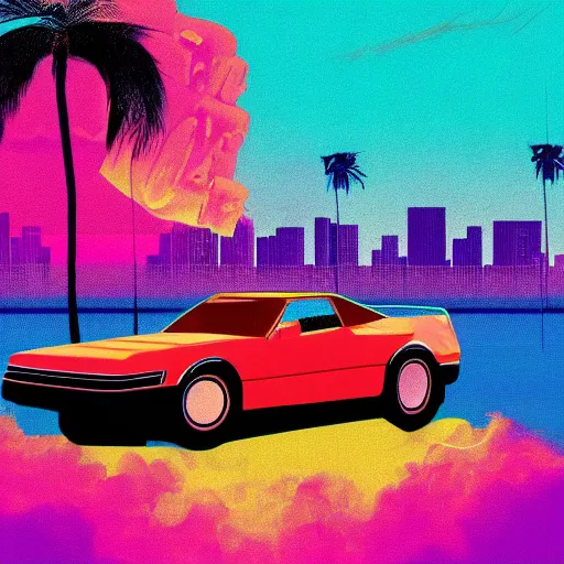 Image similar to a guy leaning against a synthwave car looking off into the sunset in miami, synthwave, vaporwave, digital painting, retro 8 0's box cover art