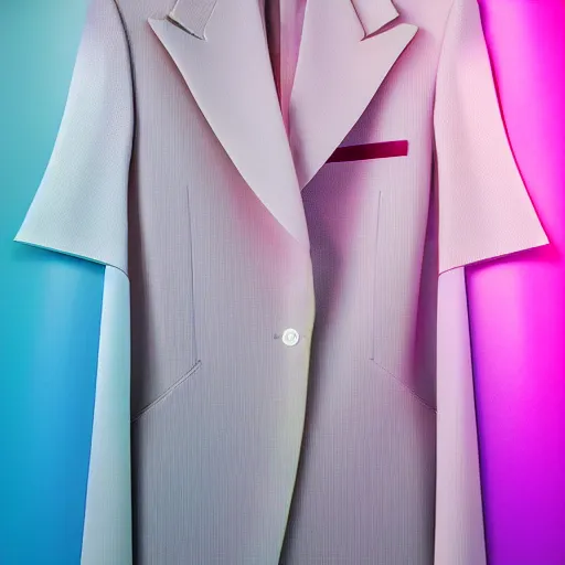 Image similar to an ultra high definition professional studio quality photograph of a transparent iridescent perspex pastel coloured sports jacket on a white coat hook in an empty white room. dramatic lighting, ray tracing, refraction, shallow d. o. f, colour corrected, golden ratio, three point light. volumetric shadows..