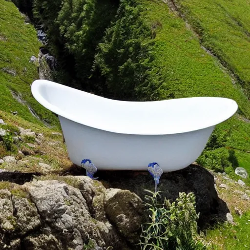 Image similar to dragonfly in a bathtub in the alps, big goat!!!!!!! in the background