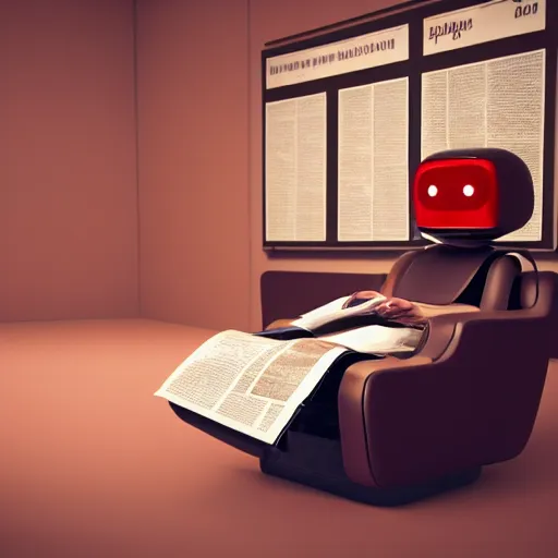 Image similar to futuristic lonely matte brown and red full-body humanoid robot with two huge round expressive sad purple glowing LED eyes and open rectangular mouth sitting on a large comfortable cushioned 1950s vintage recliner reading a newspaper. open newspaper. Cinematic Movie Photograph, Arri Alexa, Extremely Detailed, smooth, very very clean, 8K, octane render, maya render, unreal engine, trending on artstation, DSLR, excellent composition, center frame