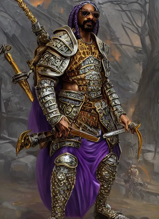 Image similar to snoop dogg as a barbarian, short beard, grumpy, intricate plate armor with purple accents, Ivan Aivakovsky, Boris Vallejo, epic fantasy character art, D&D Concept Art, full length, Realistic, Regal, Refined, Detailed Digital Art, Oil Paining, Exquisite detail, post-processing, masterpiece, Cinematic Lighting, Unreal Engine, 8k, HD, Stanley Artgerm Lau, WLOP, Rossdraws, Frank Frazetta, Andrei Riabovitchev, Marc Simonetti, trending on artstation,