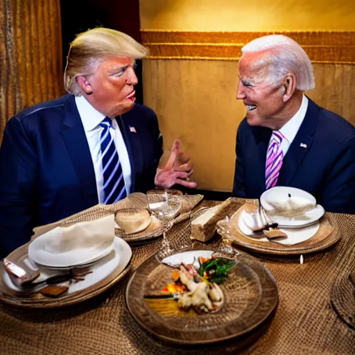 Image similar to Trump and Biden having dinner at a fancy Balinese restaurant, award winning photography, 85mm, perfect faces