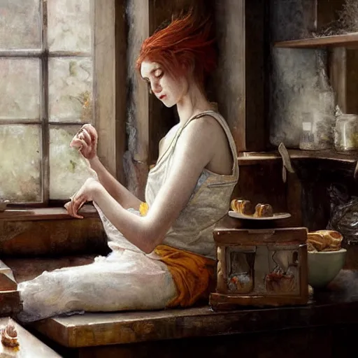 Image similar to prompt Sweet dragon, sleeping on the kitchen counter of a magical bakery, oil painting, by Fernanda Suarez and and Edgar Maxence and greg rutkowski