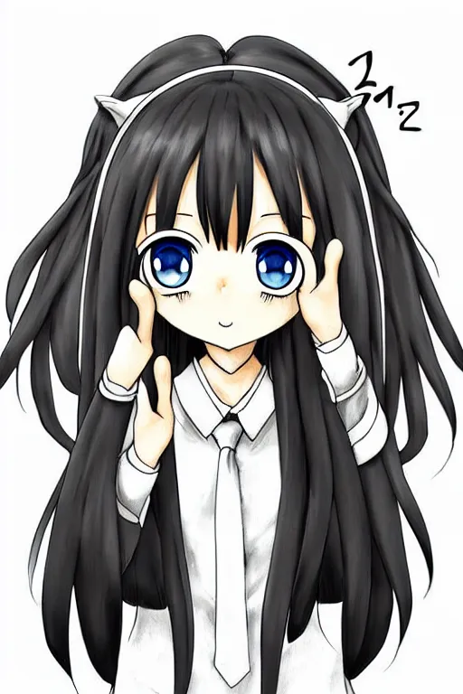 Image similar to full body anime portrait of a cute girl round eyes long hair dressed in a school uniform inside the school horns protruding on her head, peace sign, stunning, highly detailed, anatomically correct