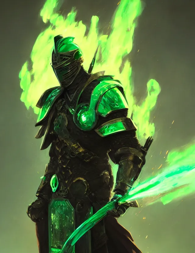 Prompt: masked knight in jade coloured cyberpunk armour alight with green flames, by frank fazetta and greg rutkowski, trending on artstation, digital art, 4 k resolution, detailed, high quality, hq artwork, character concept, character full body portrait