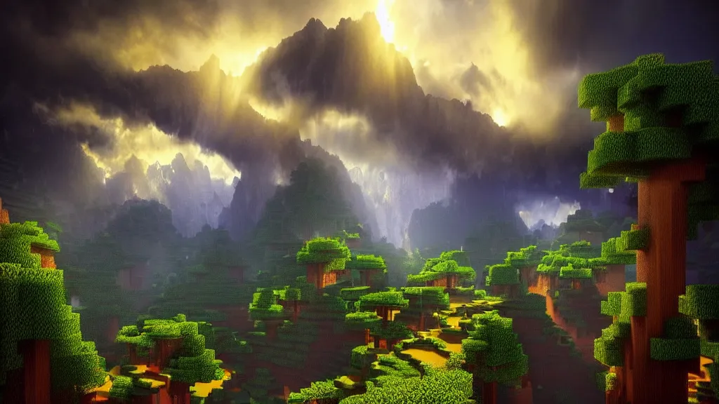 Image similar to amazing landscape photo of minecraft by marc adamus, beautiful dramatic lighting