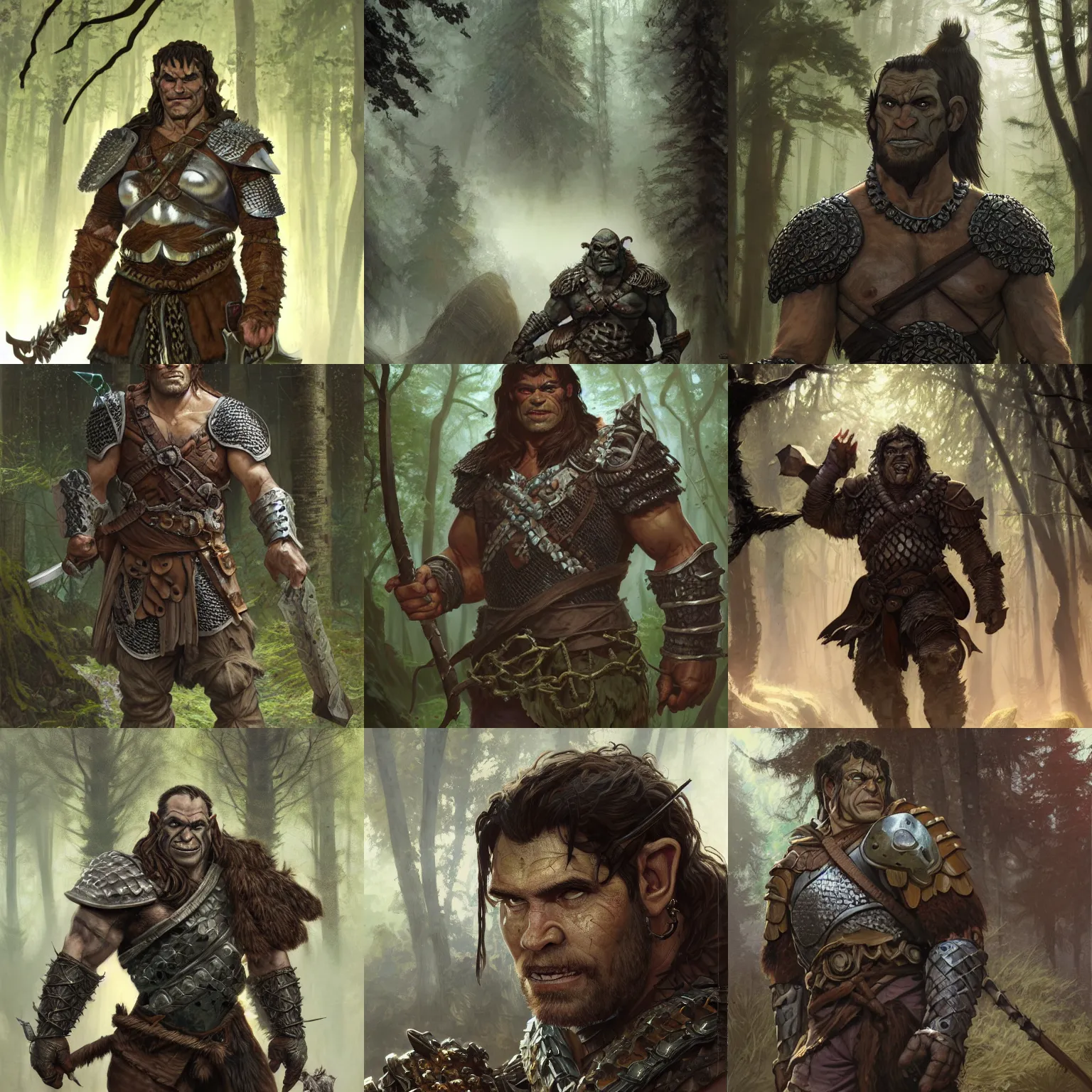 Prompt: portrait of a ruggedly handsome half - orc fighter with short brown hair wearing chain mail armor in a forest, half body, fantasy, highly detailed, digital painting, artstation, concept art, character art, art by greg rutkowski and tyler jacobson and alphonse mucha
