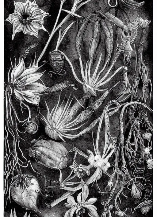 Prompt: black and white botanical art of mysterious and arcane mechnical items. composition, boho mystical, fine lines, very high details