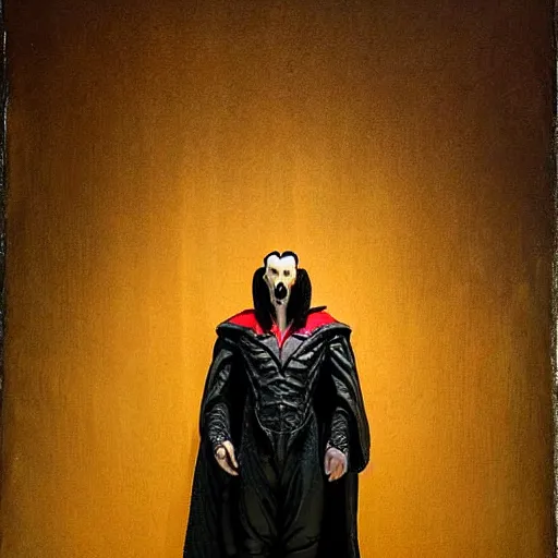 Prompt: studio portrait of mr sinister by rembrandt, prometheus movie still frame of dracula mr sinister, mcu nathaniel essex mr sinister by wayne barlowe by caravaggio, 3 d fantasy character sculpture by beksinski, editorial dress of futuristic collection by alexander mcqueen and guo pei