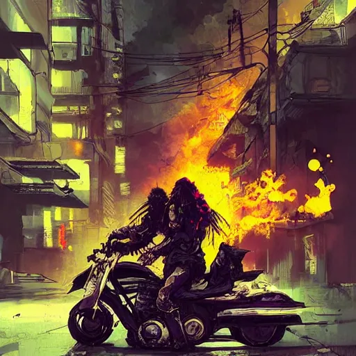 Prompt: portrait painting of a street samurai with long purple hair riding a motorcycle through a burning cyberpunk slum, glitch, concept art, intricate details, eerie, highly detailed, art by tsutomu nihei