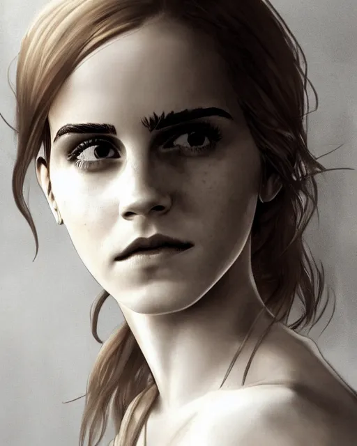 Image similar to clear portrait of emma watson, somber appearance, ripped clothing, looking her shoulder, wearing the one ring of sauron, background hyper detailed, character concept, full body, dynamic pose, intricate, elegant, highly detailed, digital painting, artstation, concept art, smooth, sharp focus, illustration, art by artgerm and greg rutkowski and alphonse mucha