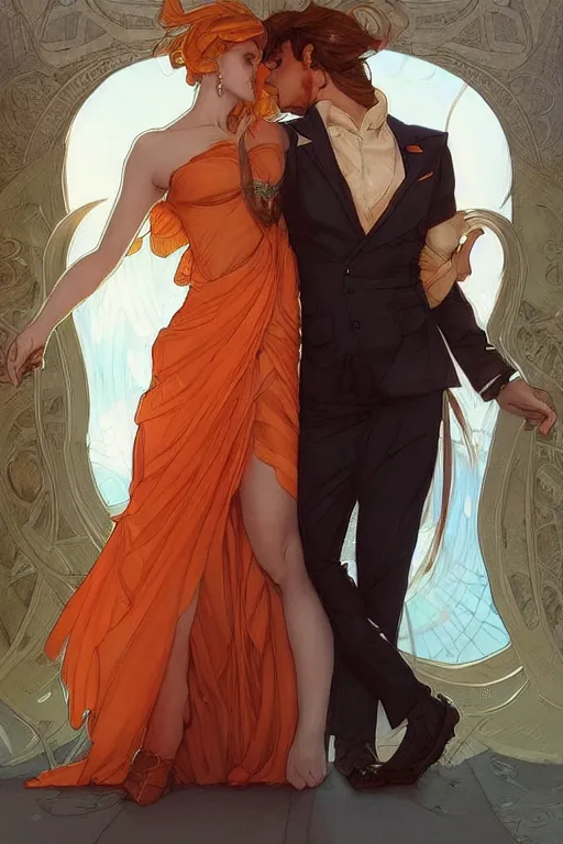 Image similar to man in orange shirt fastens dress, beautiful creation to his spouse before going to exquisite gala art by artgerm and greg rutkowski and charlie bowater and magali villeneuve and alphonse mucha