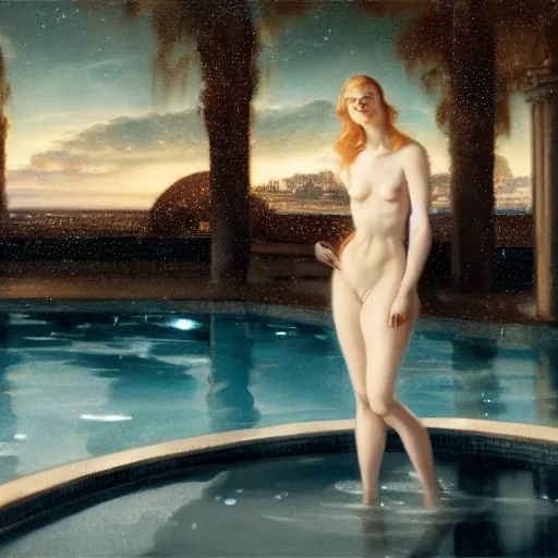 Image similar to leyendecker and peter paul rubens, head and shoulders portrait of a elle fanning, nighttime, at the pool, starry sky, unreal engine, fantasy art by global illumination, radiant light, detailed and intricate environment