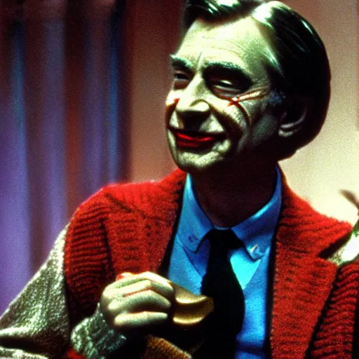 Image similar to stunning awe inspiring mr. rogers as the joker, movie still 8 k hdr atmospheric lighting