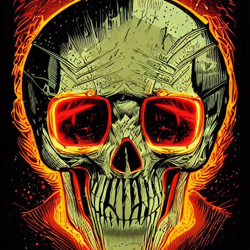 Prompt: an intricate vintage headshot of ghost rider by Dan Mumford