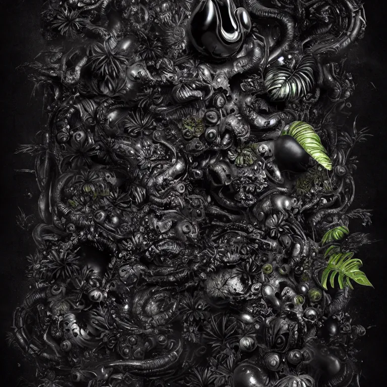 Prompt: still life of surreal alien black tropical flowers, rotten moldy black mold, dripping black paint, surreal alien ribbed black tropical fruit, black human spine, black background, all matte black everything baroque painting, beautiful detailed intricate insanely detailed octane render, 8K artistic photography, trending on Artstation, photorealistic, chiaroscuro, Raphael, Caravaggio