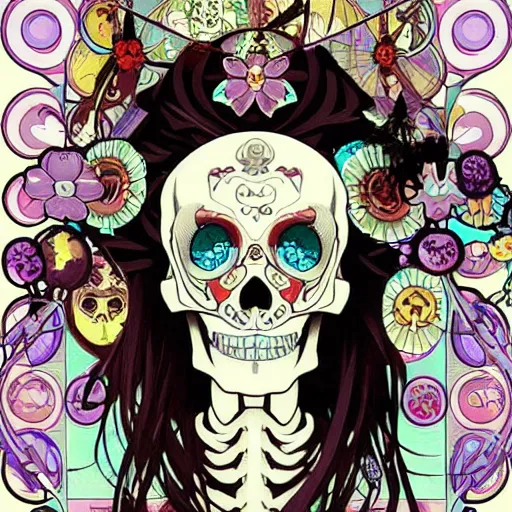 Image similar to anime manga skull portrait happy girl face skeleton illustration style by Alphonse Mucha and Takashi Murakami pop art nouveau