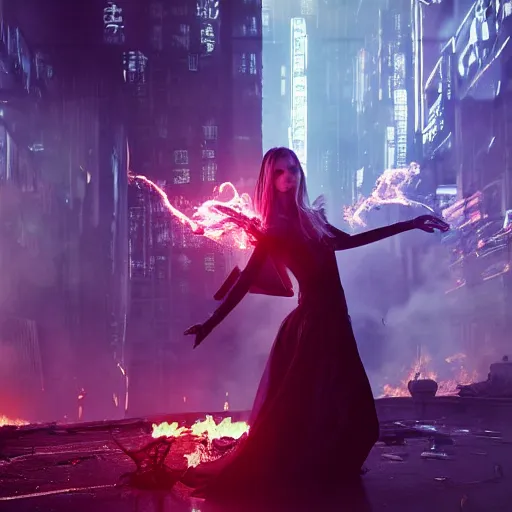 Image similar to a girl like (yoona, Elle Fanning), casting fire spell, background cyberpunk city, full shot, photo, volumetric lighting, epic composition, intricate details, dark neon punk, by KDA