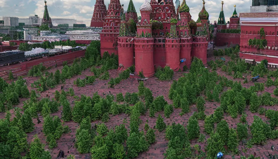 Image similar to Moscow's Red Square destroyed, abandoned and overgrown with plants, filled with mutant monsters, low angle view, hyperdetailed, artstation, 8k