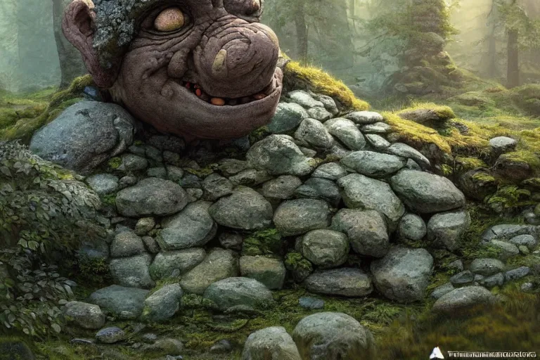 Prompt: an old stone troll made of rocks lurking in a swedish forest. covered in lichen and moss. very low angle photograph, very detailed, trending on artstation, hyperrealistic, smooth, soft colors, rays of golden sunlight, oil painting by simon stalenhag and greg rutkowski and tim hildebrandt