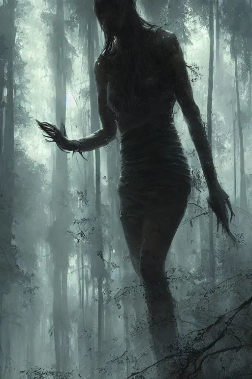 Image similar to a young woman covered in cobwebs, dramatic lighting, cinematic, dark forest, greg rutkowski