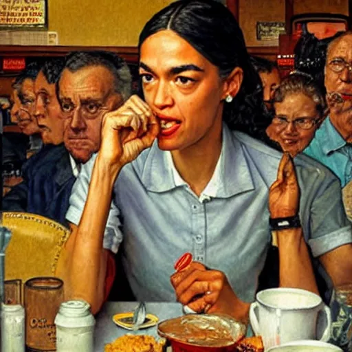 Image similar to Alexandria Ocasio-Cortez in a diner, by Norman Rockwell