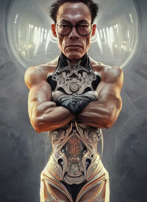 Image similar to symmetry!! jean claude van damme, machine parts embedded into face, intricate, elegant, highly detailed, digital painting, artstation, concept art, smooth, sharp focus, illustration, art by artgerm and greg rutkowski and alphonse mucha, 8 k