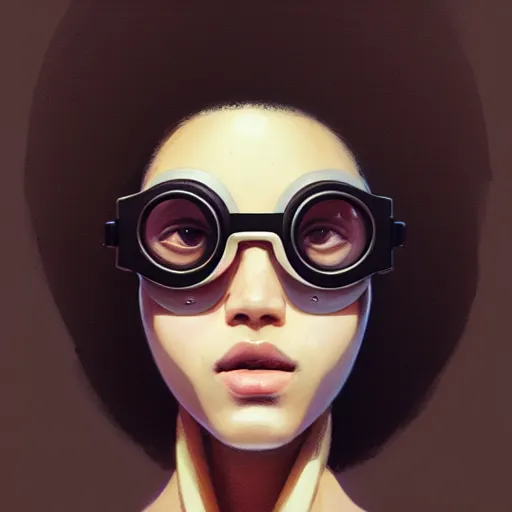 Image similar to Beautiful woman wearing opaque goggles profile picture by Greg Rutkowski, brown skin, long afro hair, asymmetrical, studio ghibli, Organic Painting , Matte Painting, geometric shapes, hard edges, street art, trending on the artstation, fantasy LUT, realistic by Sachin Teng,