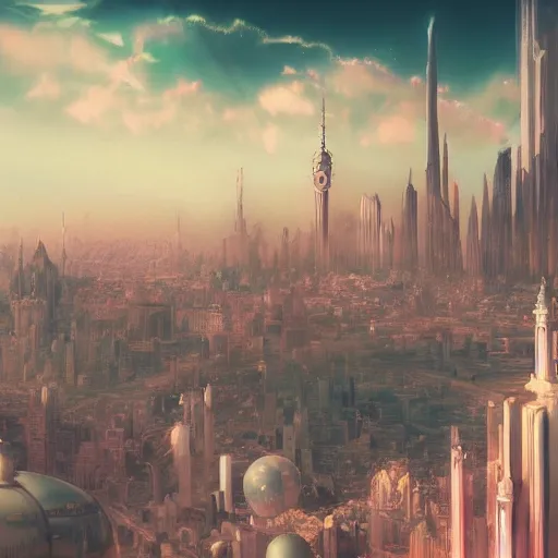 Prompt: pastel, baroque utopian cityscape in the sky, sci-fi, dreamlike, surreal, angels, soft lights, cinematic, 8k, by Ghibli,