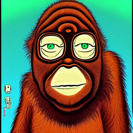 Image similar to surrealist orangutan, manga art, juji ito, style of uzumaki, spiral eyes