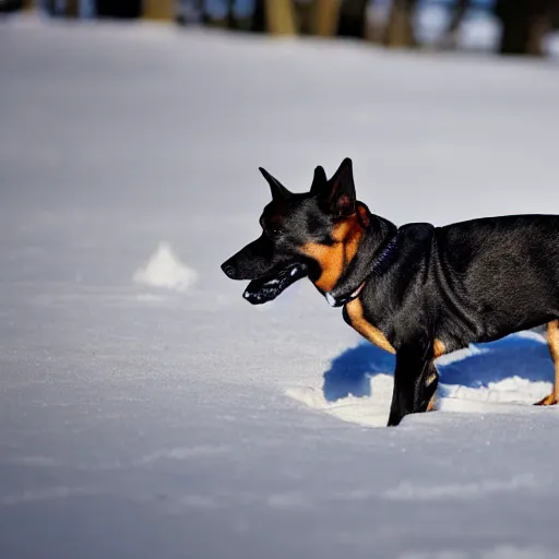 Image similar to detailed picture of a dog playing in the snow dressed as a fish 8 k