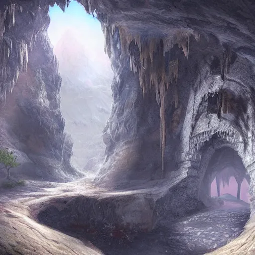 Image similar to beautiful matte painting of a fantasy cave entrance