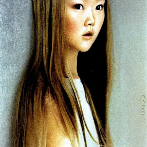 Image similar to portret of devon aoki by odilon redon