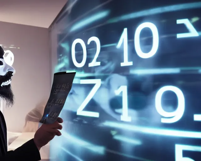 Prompt: man wearing guy fawkes mask examines numbers on large monitor intensely, corporate photo, cinematic lighting