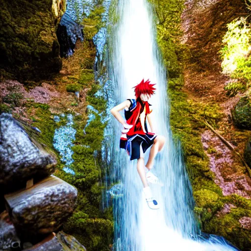 Prompt: kingdom hearts sora cosplay near waterfall photo photography low angle detailed face 85mm