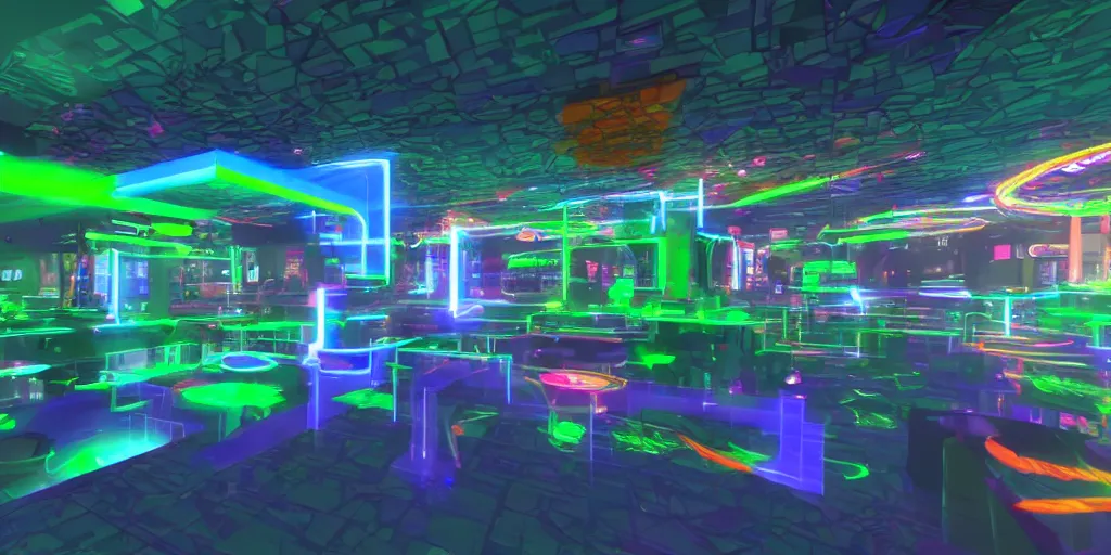 Prompt: VRChat world lobby with neon lighting.